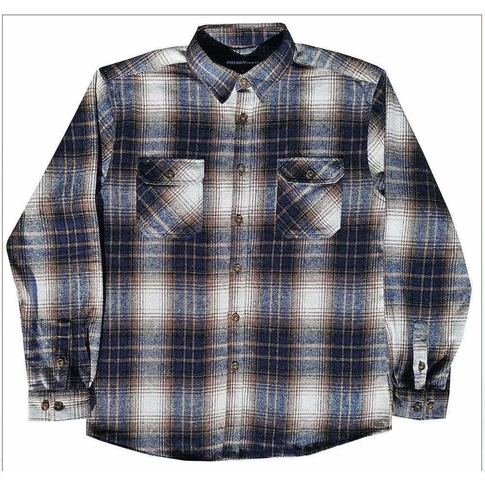Molokai Surf Heavy Flannel Shirt Mens L Navy Brown Plaid Button Up NWT